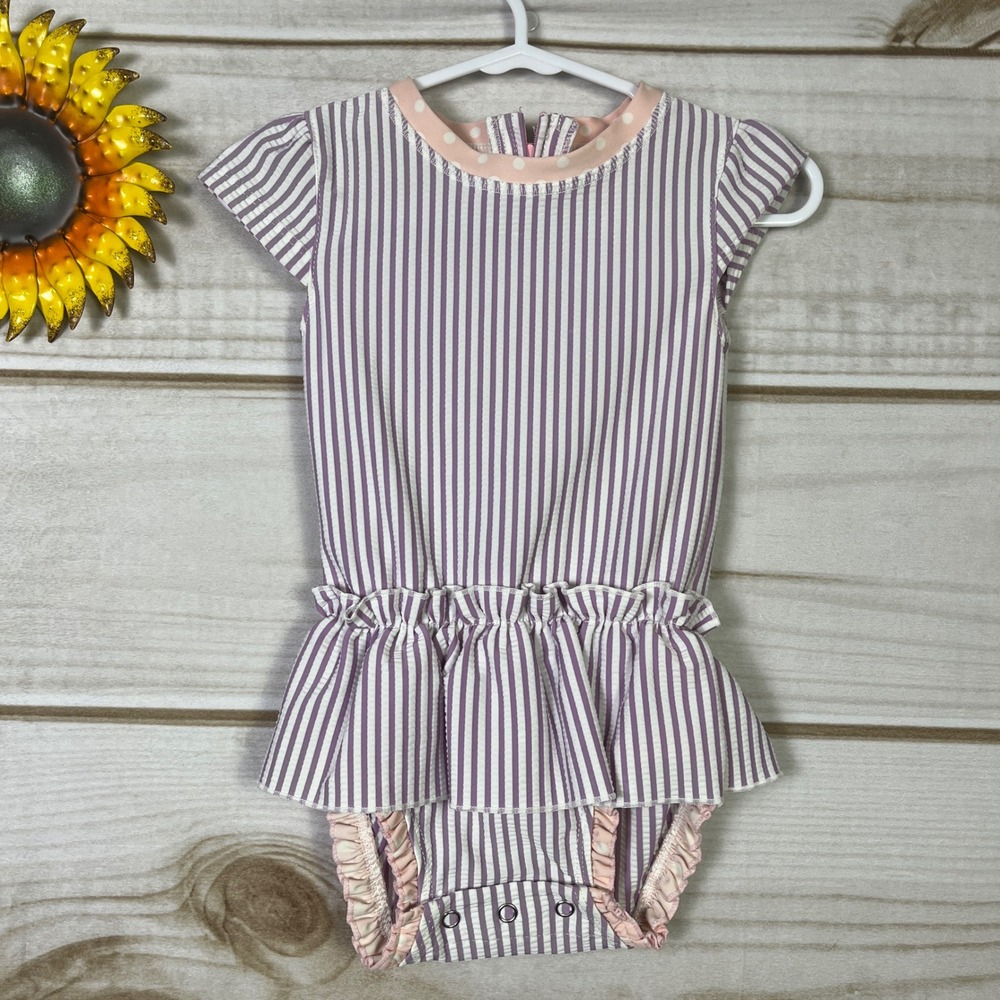 Ruffle Butts Baby Girls Striped Ruffle Swimsuit Romper 12 18 Months Pink Purple